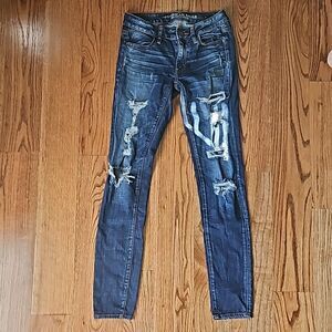 AMERICAN EAGLE Dark Wash Distressed Jegging Jeans, Size 2 Long